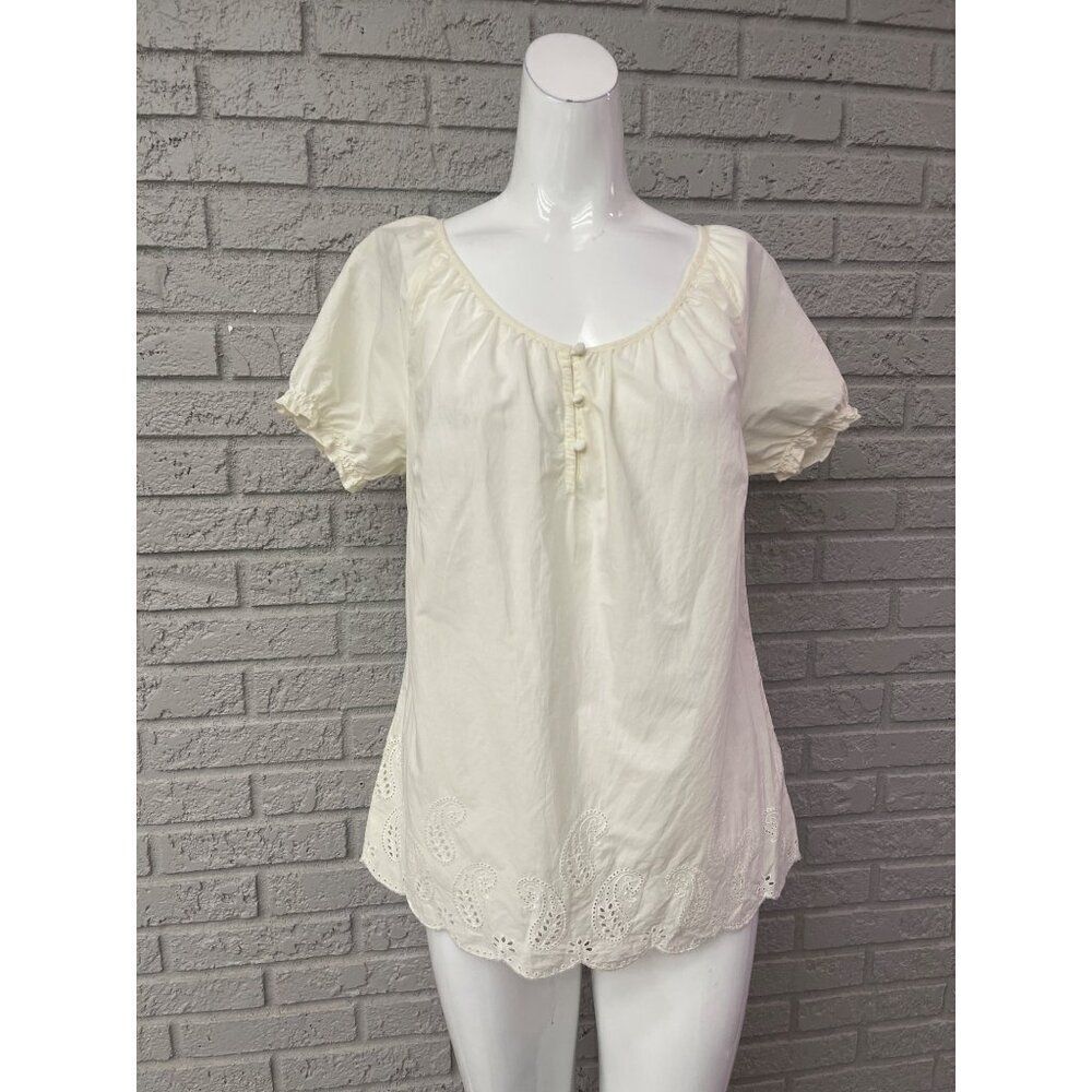 Tommy Hilfiger Women Ivory Cotton Scallop Hem Paisley Blouse Size M